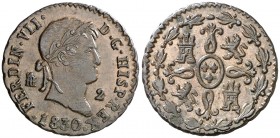 1830. Fernando VII. Segovia. 2 maravedís. (AC. 152). 2,44 g. EBC+.