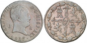 1827. Fernando VII. Jubia. 8 maravedís. (AC. 210). 9,93 g. Tipo 'cabezón'. MBC-/MBC.