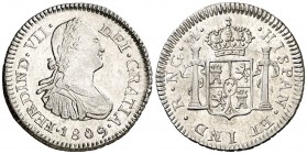 1809. Fernando VII. Guatemala. M. 1/2 real. (AC. 329). 1,79 g. Busto de Carlos IV. Bellísima. Brillo original. Muy rara así. S/C.