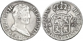 1814. Fernando VII. Madrid. GJ. 2 reales. (AC. 828). 5,79 g. Busto desnudo. Hojita. Muy escasa. MBC.