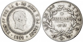 1821. Fernando VII. Bilbao. UG. 10 reales. (AC. 1023). 13,32 g. Tipo "cabezón". Escasa. BC+/MBC-.