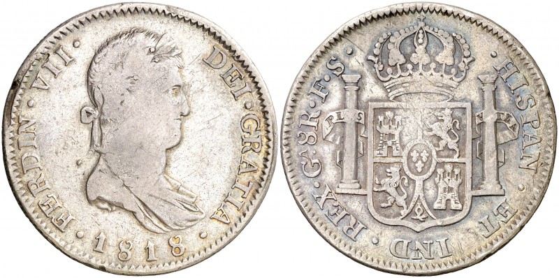 1818. Fernando VII. Guadalajara. FS. 8 reales. (AC. 1208). 26,41 g. Golpecitos. ...