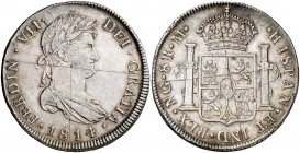 1814. Fernando VII. Guatemala. M. 8 reales. (AC. 1227). 26,89 g. Dos rayas que atraviesan la moneda. Parte de brillo original. (MBC+).