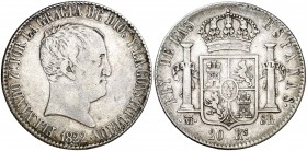 1822. Fernando VII. Madrid. SR. 20 reales. (AC. 1282). 26,79 g. Tipo "cabezón". Escasa. MBC-.