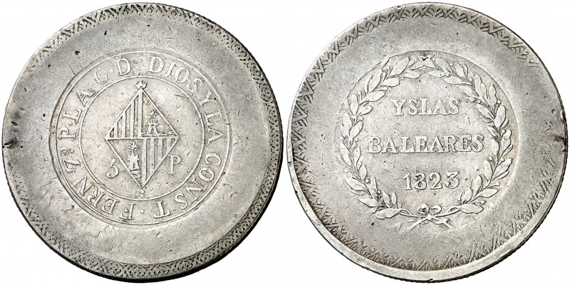 1823. Fernando VII. Mallorca. 5 pesetas. (AC. 1300). 26,85 g. ...Y LA CONST. Acu...