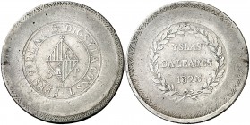 1823. Fernando VII. Mallorca. 5 pesetas. (AC. 1300). 26,85 g. ...Y LA CONST. Acuñación floja. Golpecitos. Escasa. MBC-.