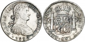 1810. Fernando VII. México. HJ. 8 reales. (AC. 1314). 26,77 g. Busto imaginario. Oxidaciones limpiadas. (MBC+).