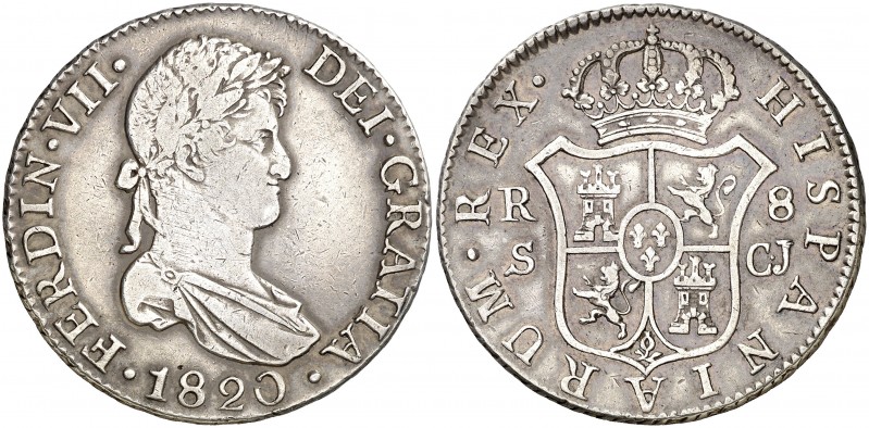 1820. Fernando VII. Sevilla. CJ. 8 reales. (AC. 1421). 26,83 g. Pátina. MBC.