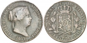 1863. Isabel II. Barcelona. 25 céntimos de real. (AC. 181). 9,53 g. Golpecitos. Rara. MBC-/MBC.