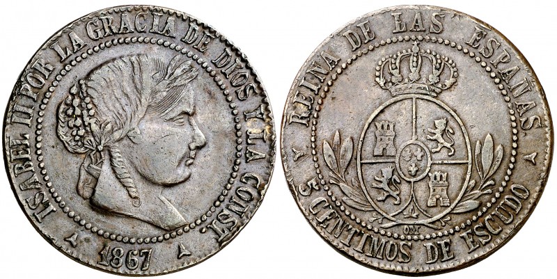 1867. Isabel II. Segovia. 5 céntimos de escudo. (Barrera falta). 12,59 g. Falsa ...