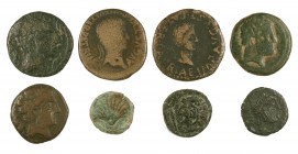 Hispania Antigua. Lote formado por 6 monedas ibéricas (distintos valores y cecas) y 2 ases hispano-romanos. Total 8 piezas. A examinar. BC+/MBC.