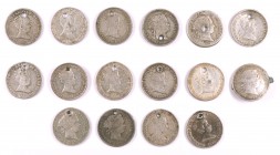 Isabel II. 1 real. Lote de 16 monedas. Todas con perforación. Imprescindible examinar. (BC-/MBC).