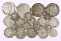 1848 a 1868. Isabel II. 1 (cinco), 2 (tres), 4 (cuatro) y 10 (tres) reales, 40 céntimos escudo (cinco) y 1 escudo. Lote de 21 monedas. A examinar. BC/...
