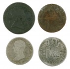 Lote de 4 monedas españolas, dos en plata (2 reales 1758 Madrid y 4 reales de 1812 de José Napoleón). A examinar. BC/BC+.