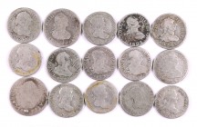 Lote de 15 monedas de 1/2 real. Carlos III (tres), Carlos IV (cinco) y Fernando VII (seis). Se adjunta también un 1/2 real, pero con fecha no visible....
