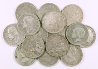 1869 a 1905. 2 peseta. Lote de 15 monedas, todas diferentes. A examinar. BC/MBC-.