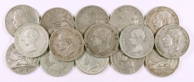 1869 a 1905. 2 peseta. Lote de 15 monedas, todas diferentes. A examinar. BC/MBC-.