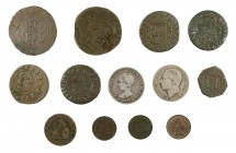 Lote de 13 monedas españolas de los Reyes Católicos a Alfonso XIII, incluye dos monedas de 1 peseta. A examinar. BC/MBC.