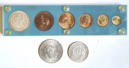 1957 a 1964. México. 1, 5, 10, 20, 50 centavos, 1 (dos) y 10 pesos. Lote de 8 monedas. A examinar. MBC+/S/C-.