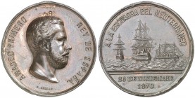 1870. Amadeo I. (V.Q. 14379) (Museo del Prado Medallas Españolas pág. 280 nº 119). 15,41 g. Ø30 mm. Bronce. Golpecitos. Anilla eliminada. Rara. (MBC+)...