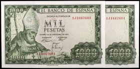 1965. 1000 pesetas. (Ed. D72a) (Ed. 471b). 19 de noviembre, San Isidoro. Pareja correlativa, serie 1J. Leve doblez. EBC+.