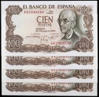1970. 100 pesetas. (Ed. D73b) (Ed. 472c). 17 de noviembre, Falla. 4 billetes correlativos, serie 4W. S/C-.