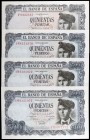 1971. 500 pesetas. (Ed. D74a) (Ed. 473a). 23 de julio, Verdaguer. 4 billetes, pareja correlativa. Esquinas algo rozadas. S/C-.