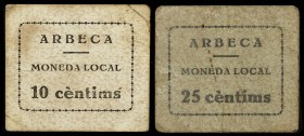 Arbeca. 10 y 25 céntimos. (T. 221 y 223). 2 cartones. Raros. MBC-.
