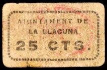 La Llacuna. 25 céntimos. (T. 1501). Cartón. Raro. BC.
