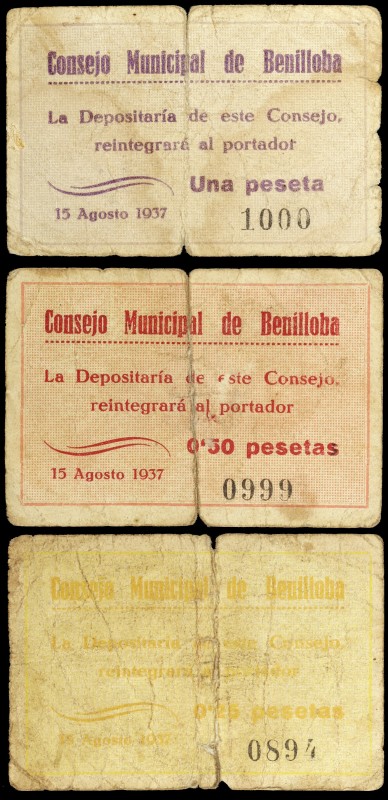 Benilloba (Alicante). 25, 50 céntimos y 1 peseta. (T. 358 a 360) (KG. 169). Seri...
