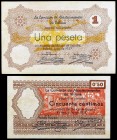 Villena (Alicante). Comisión de Abastecimiento. 50 céntimos y 1 peseta. (T. 1527 y 1528) (KG. 825). 2 billetes sin serie. MBC+/EBC-.