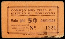 Montañana (Huesca). 50 céntimos. (T. 282a) (KG. 504). Cartón. Raro. BC+.