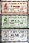 Monzón (Huesca). 25, 50 céntimos y 1 peseta. (T. 288, 290 y 292) (KG. 510a y b). 3 billetes. MBC-/MBC+.