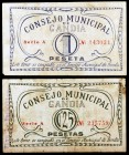 Gandía (Valencia). 25 céntimos y 1 peseta. (T. 788a y 789a) (KG. 379). 2 billetes, serie completa. BC/MBC-.
