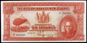 1934. Nueva Zelanda. Banco de la Reserva. 10 chelines. (Pick 154). 1 de agosto. Leve doblez. Raro así. EBC-.