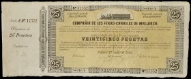 1885. Compañía de los Ferrocarriles de Mallorca. 25 pesetas. 1 de julio. Serie A. Con sólo la firma del Secretario. Numerado y con matriz. EBC+.