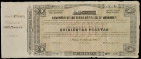 1885. Compañía de los Ferrocarriles de Mallorca. 500 pesetas. 1 de julio. Serie E, numeración muy baja 00662. Con matriz, sin firmas. EBC-.