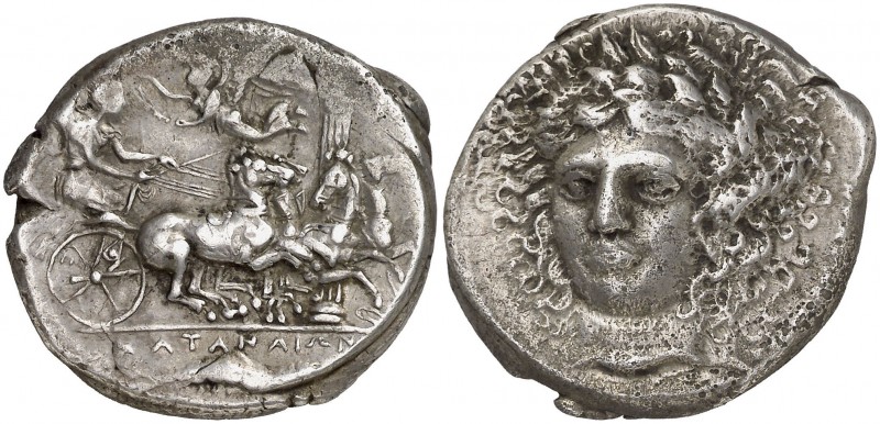 (405-402 a.C.). Sicilia. Catania. Tetradracma. (S. falta) (CNG. II, 576). 17,10 ...