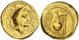 (46 a.C.). Julio César. Áureo. (Spink 1395) (Co. 2) (RIC. 466/1) (Calicó 37c). 8,03 g. Contramarca en reverso. MBC.