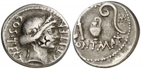 (46 a.C.). Julio César. Denario. (Spink 1403/2) (S. 4a) (Craw. 467/1b). 3,94 g. Contramarcas en anverso. (MBC).