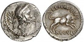 (42 a.C.). Julio César. Denario. (Spink 1425) (S. 27) (Craw. 494/24). 3,78 g. Contramarca y rayitas en anverso. Rara. EBC-/EBC.
