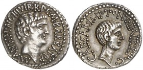 (41 a.C.). Marco Antonio y Octavio. Denario. (Spink 1504) (S. 8) (Craw. 517/2). 3,89 g. Ex Colección Lifchuz. Muy escasa. EBC.