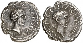 (42 a.C.). Lépido y Octavio. Denario. (Spink 1523) (S. 2a-c) (Craw. 495/2a). 3,69 g. Ex Colección Lifchuz. Rara. MBC.