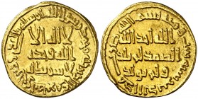 AH 106. Califato Omeya de Damasco. Hisham ibn Abd al-Melik. Dinar. (S.Album 136) (Lavoix 449). 4,24 g. Bella. EBC.