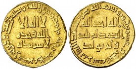 AH 121. Califato Omeya de Damasco. Hisham ibn Abd al-Melik. Dinar. (S.Album 136) (Lavoix 461). 4,22 g. Golpe en anverso. (EBC-).