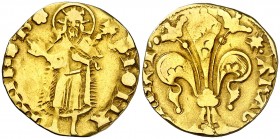 Pere III (1336-1387). Barcelona. Florí. (Cru.V.S. 389) (Cru.C.G. 2210). 3,36 g. Marca: rosa de puntos. MBC-.