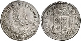 1588. Felipe II. Milán. 1 escudo. (Vti. 53) (MIR. 308/14). 32 g. Leve grieta de acuñación. Brillo original. Rara así. EBC-/EBC.
