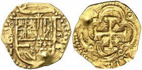 1595. Felipe II. Toledo. G. 1 escudo. (AC. 804, mismo ejemplar) (Tauler 55, mismo ejemplar). 3,29 g. Intento de perforación en reverso. Ex Colección C...