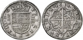 1614. Felipe III. Segovia. AR. 4 reales. (AC. 790). 13,37 g. Acueducto de tres arcos. Leves rayitas. Buena acuñación con mucho relieve. Bella. Ex Cole...