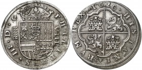 1620. Felipe III. Segovia. A. 8 reales. (AC. 950). 27,71 g. Tres flores de lis en las armas de Borgoña. Rayitas y ligeras corrosiones. Rara. (MBC+).